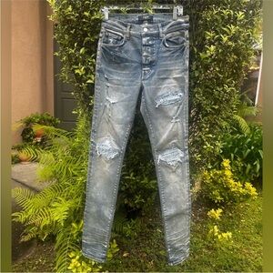 AMIRI MX1 Distressed Jeans Blue Bandana Paisley Patch Underlay Size 31 Like New!